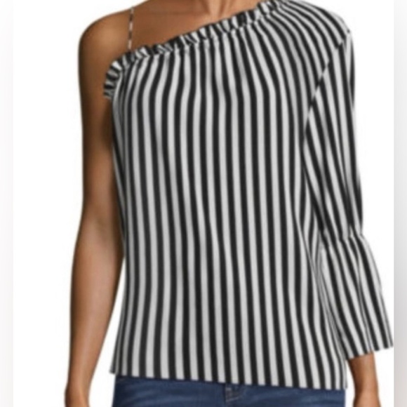 Black and white vertical stripes off the shoulder blouse with Statement Sleeve - Picture 2 of 5